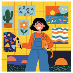 Young Female Artist with Cat, Paintbrush, and Colorful Paintings