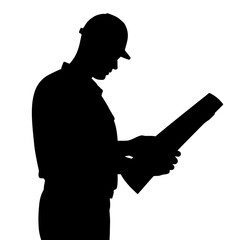 Silhouette of Construction Worker with Blueprint, White Background, Engineering Concept