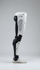 A futuristic advanced prosthetic leg with sleek white and black design stands vertically against a plain background in a technologically advanced medical concept.