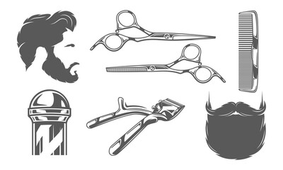 Barber shop icons including pole, scissors, beard, and retro hair elements for professional barbershop and salon design. Vector illustration
