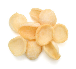 Fresh crunchy prawn crackers on white background 