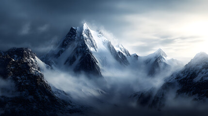 A majestic winter scene with towering snow-covered mountains, the air crisp and fresh, and the snow covering the land in a peaceful and pristine blanket.