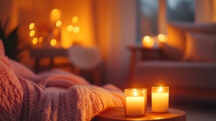 Cozy Living Room with Burning Candles and Knit Blanket