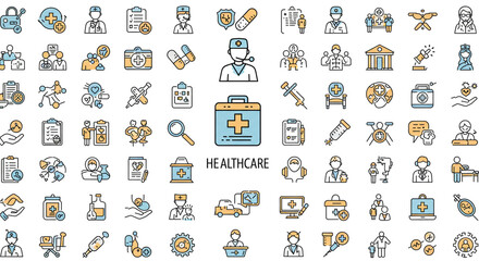 Fototapeta premium Healthcare Icons Set Representing Medical Professionals, Equipment, and Services