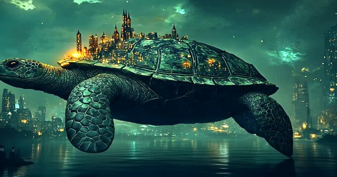 A giant turtle with a city on its back glides over a mystical lake under a starry sky
