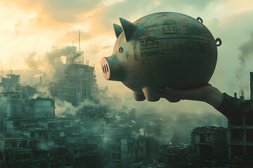 A large piggy bank held aloft amidst a ruined cityscape.