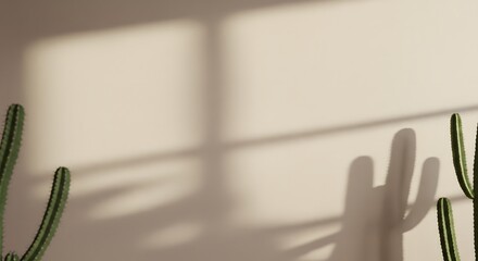 Cactus plant shadow on beige wall minimal aesthetic home decor botanical background image design trendy style