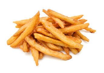 Homemade oil fried sweet potato fries on white background