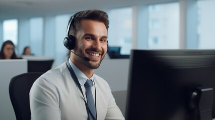 Professional call center man sitting at office desk smiling wearing headphones
