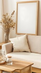 Beige Sofa with Dried Flowers and Wooden Frame Mockup
