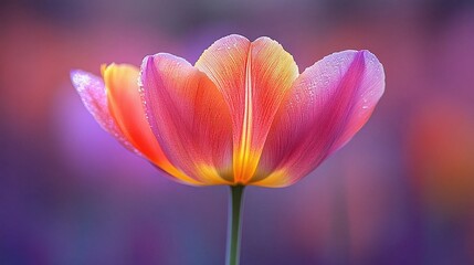 Fototapeta premium Close-up of a vibrant pink tulip with dew drops on the petals. Use this for springtime cards, floral designs, or website banners.