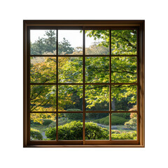 Fototapeta premium Scenic View of a Lush Garden through a Window Framed by Natural Light and Colorful Foliage on transparent background