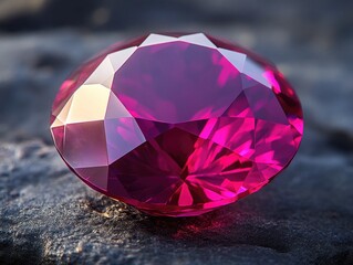 Faceted ruby gem sits on a dark, textured stone surface. Perfect for jewelry ads, luxury themes, or fantasy concepts.