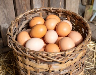 Freshly Collected Chicken Eggs in Woven Basket at Farm Coop