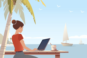 Digital Nomad Working on Laptop at Tropical Beach with Palm Tree