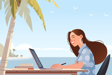 Digital Nomad Working on Laptop at Tropical Beach with Palm Tree