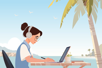 Digital Nomad Working on Laptop at Tropical Beach with Palm Tree