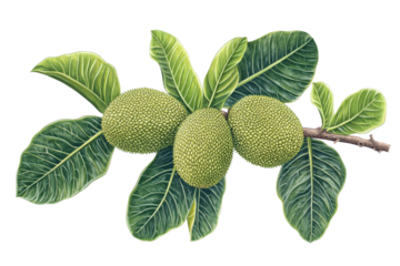A detailed illustration of a branch with three green jackfruit surrounded by lush green leaves, set against a clean background, ideal for educational or culinary uses