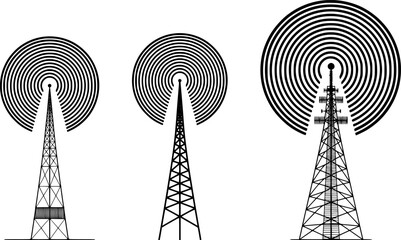Broadcasting Antenna Tower Vector Set – Classic Sketch Style Transmission Towers for AM/FM Radio, Television, and Mobile Communication Signals