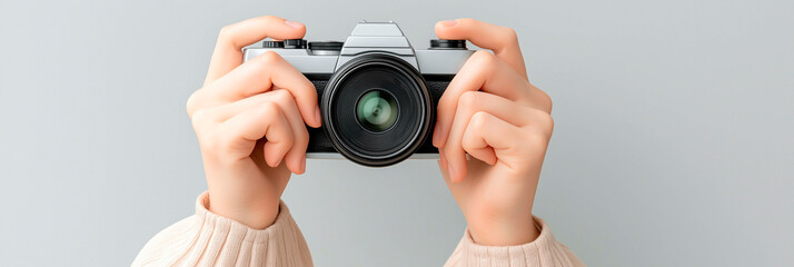 Close-up of hands holding vintage photo camera against neutral background, concept of photography, creativity and retro technology