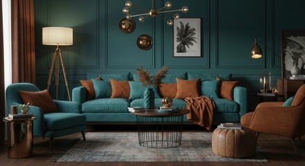 Teal and Copper Living Room with Modern Lighting and Textured Accents
