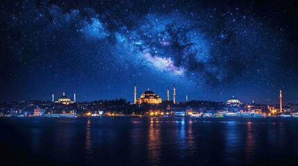 Obraz premium Majestic Istanbul skyline at night, under a spectacular Milky Way