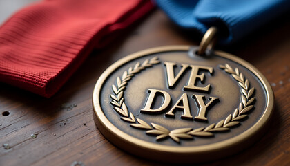 VE Day medal showcasing victory and commemoration on wooden background  