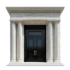 Obraz premium Elegant Classic Entrance with Columned Details and Dark Double Doors Surrounded by Marbled Stone Finish on transparent background