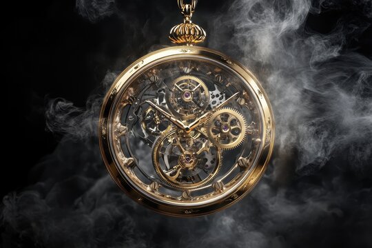 Golden pocket watch, intricate gears, suspended in smoke.  Detailed timepiece mechanism visible through crystal case