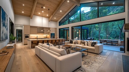 Open-concept living area with kitchen and outdoor access