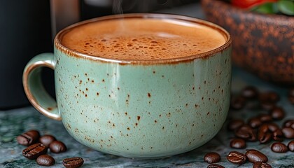 Steaming coffee fills an aqua mug, with scattered beans, bowl behind. Ideal for articles about morning routines, coffee culture, or product promos.