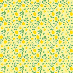 Summer seamless pattern with whole lemons, halves of lemons, branches and flowers.