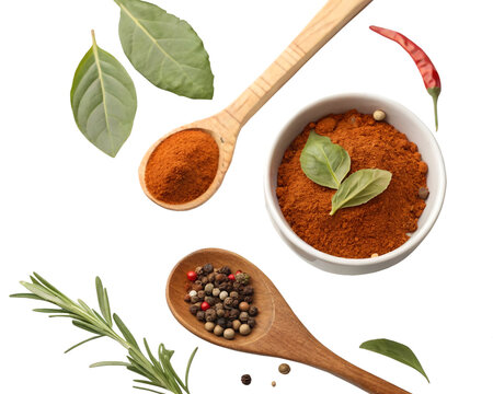Bowl with red pepper,mix of spices in wooden spoon