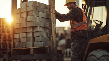 Construction Worker Operating Forklift with Bricks