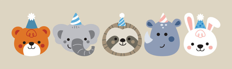 Festive animal faces wearing party hats in a colorful celebration