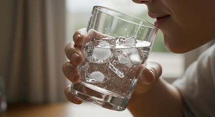 Refreshing drink: Woman sipping water with ice cubes from a clea