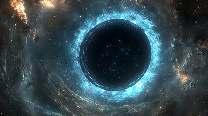 A dark celestial body surrounded by a vibrant blue glow in deep space.