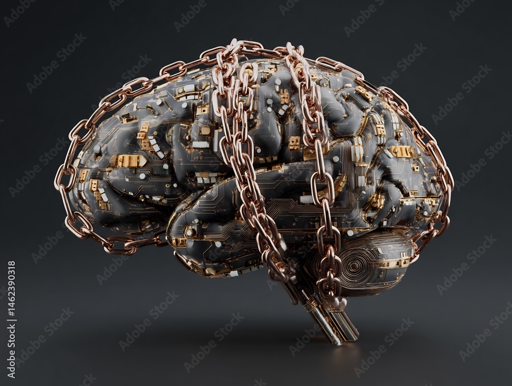Poster artificial brain concept with circuitry details secured by metal chains showing dependency