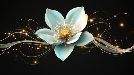 Elegant teal flower with gold lights, dark background, banner design