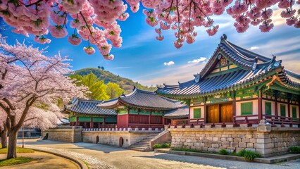 Fototapeta premium Spring in Seoul: Namsangol Hanok Village's Cherry Blossoms and Traditional Houses