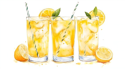 Watercolor illustration of non-alcoholic drinks on white background. Watercolor Illustration of lemon juice, lemonade.