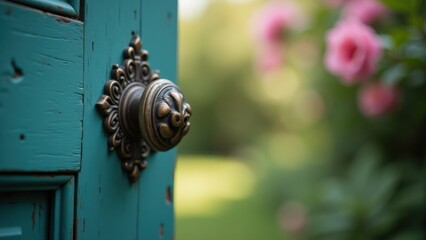 Open Antique Teal Door with Ornate Doorknob Leading to Rose Garden