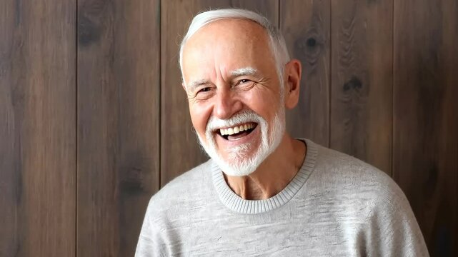 Elderly man smiles broadly against a wooden background, showcasing joy and warmth in a casual setting with natural lighting
