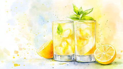 Watercolor illustration of non-alcoholic drinks on white background. Watercolor Illustration of lemon juice, lemonade.