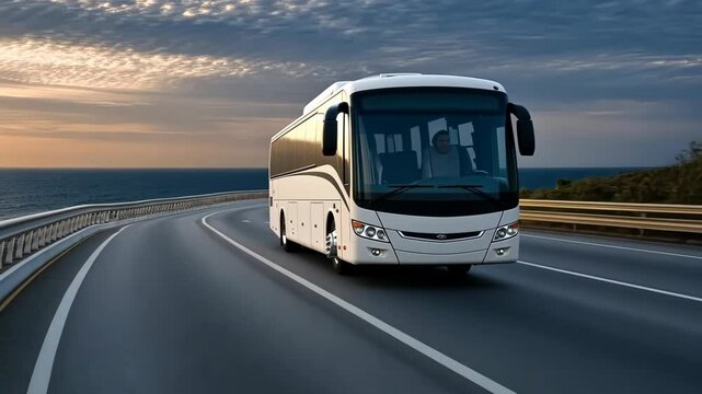 Enjoy a picturesque journey along the breathtaking coastal road aboard a tour bus, all while watching the beautiful sunset