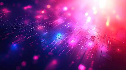 Obraz premium Geometric tech pattern, with pink, violet, and blue lights, bokeh effect. Perfect for illustrating concepts of modern tech, AI, or future technology.