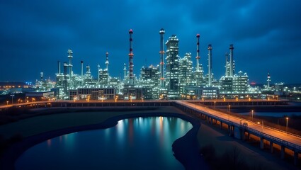 Obraz premium Illuminated industrial refinery complex at night reflecting in water, energy production