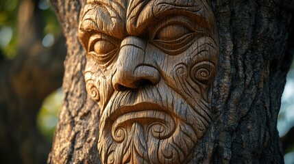 Intricate Wood Carving Face on Tree with Detailed Expressions and Texture