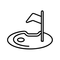 black outline icon of golf hole with flag and terrain contour on putting green, minimal vector design, course feature for tournament layout