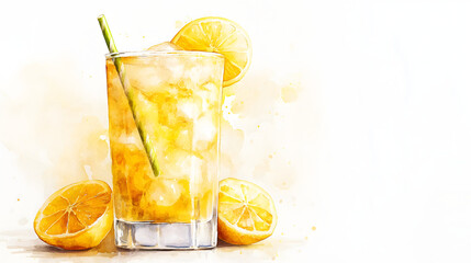 Watercolor illustration of non-alcoholic drinks on white background. Watercolor Illustration of lemon juice, lemonade.